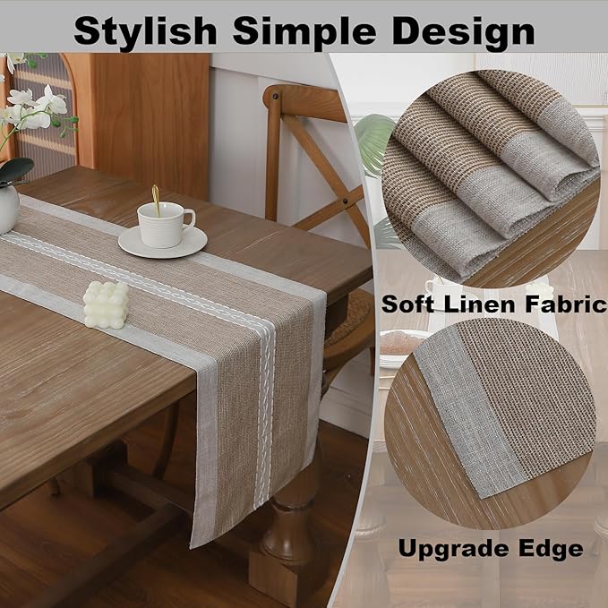 Gernaice Boho Table Runner, Rustic Cotton Linen Farmhouse Table Runners for Dresser End Coffee Table Home Decor, 36" L X 13" W Brown