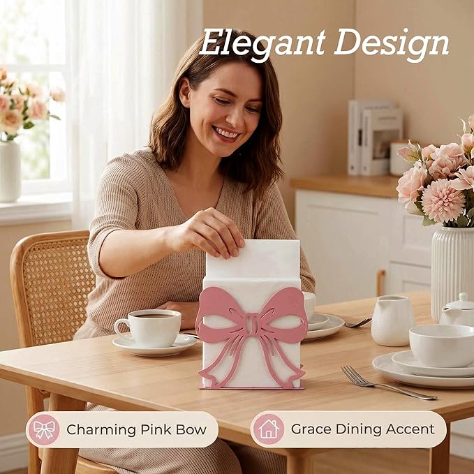 2Pack Pink Bow Napkin Holder for Table, Modern Metal Napkin Holders for Kitchen Dining Tables & Countertops, Paper Cocktail Napkins Holder Dispenser for Indoor & Outdoor Party