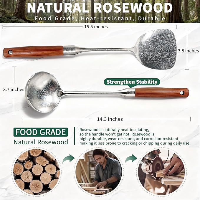 Newness Soup Ladle and Solid Turner, [Rustproof, Heat Resistance] Resilient Pure Titanium Soup Spoon and Turner with Long Ergonomic Natural Wooden Round Handle, Non-Toxic Cooking Spoon for Kitchen