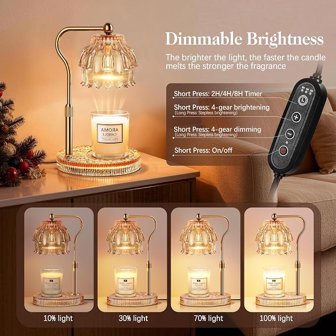 Candle Warmer Lamp with Timer Dimmer, Modern Wax Warmer for Scented Wax Jar Candle Warmer with 2 Bulbs, Adjustable Height Glass Lamp for Women, House Warming Gifts, Gold Amber