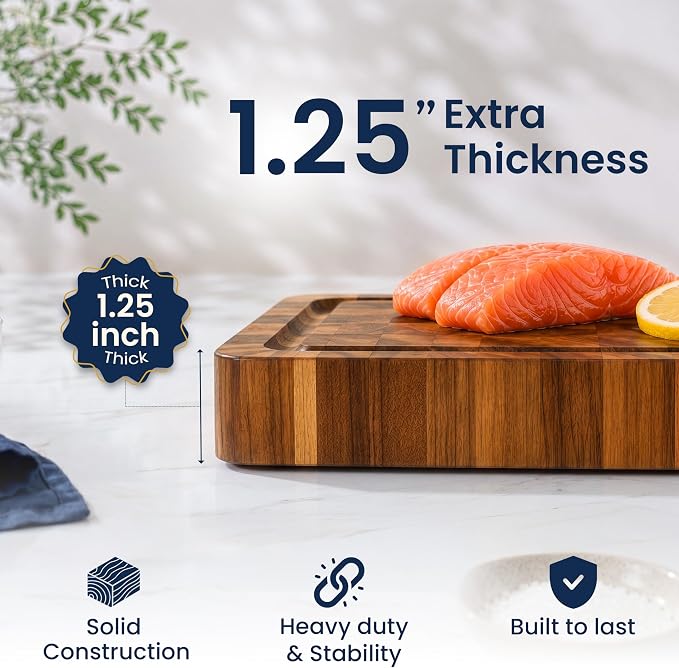 HOMESTEAD End Grain Acacia Wood Cutting Board for Kitchen 18x14x1.25 in, Large Butcher Block Chopping Board for Meat Vegetables with Juice Groove, Sorting Compartments, Handles, Knife-Friendly Surface