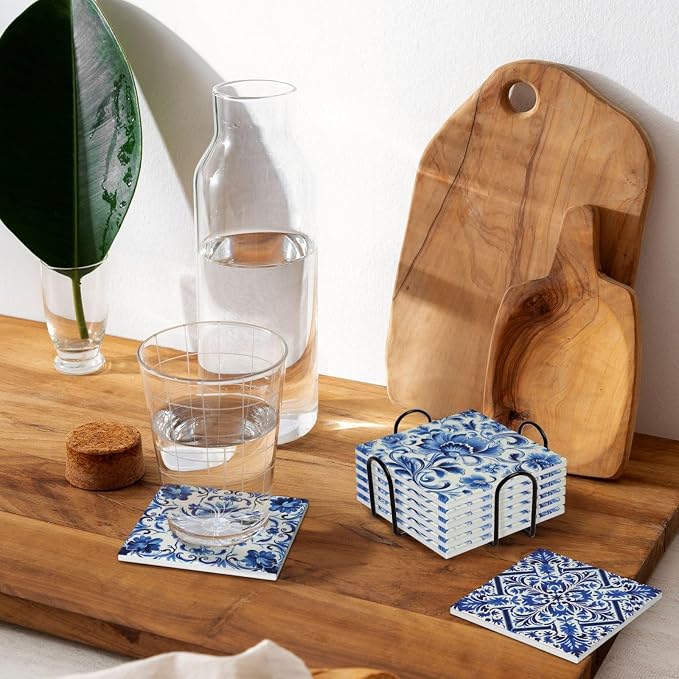 Coaster for Drinks Set of 6, Blue Vintage Spanish Ceramic Floral Absorbent Round Ceramic Stone Mat, with Cork Base and Metal Holder, Gift for Housewarming Room Bar Decor (Azulejo Tile-3)