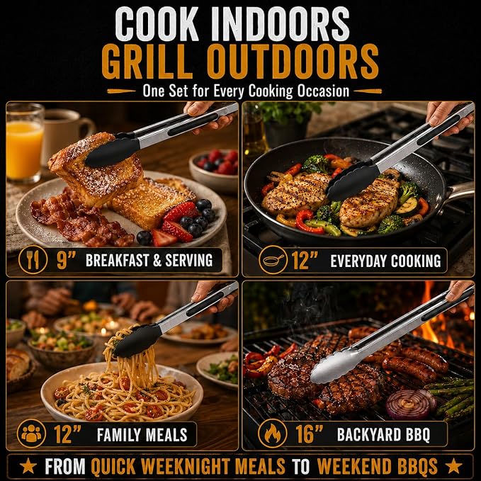 3 Pack Kitchen Tongs Set, 9+12+16" Cooking Tongs with Locking Mechanism, 9" & 12" Nonstick Tongs and 16" Stainless Steel Grill Tongs, Heat Resistant Food Tongs for Cooking, Serving, BBQ & Air Fryer