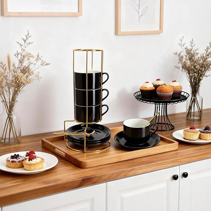 8 Ounce Cappuccino Cups Set of 4, Stackable Cappuccino Mugs, Includes Display Stand, Cups Saucers, and Spoons, for Machines & Home Use, Black, Gold Tone
