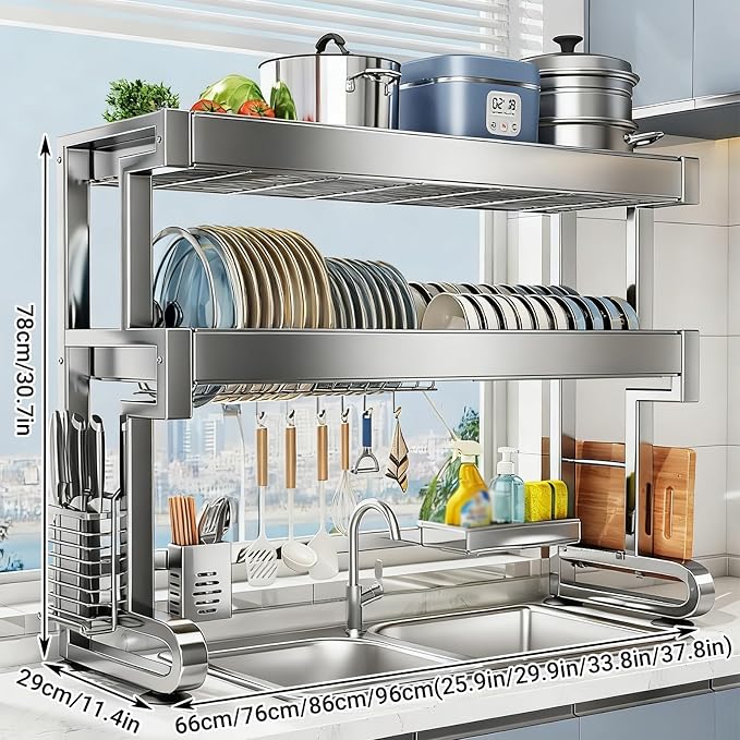 Over The Sink Dish Drying Rack, 304 Stainless Steel 2 Tier Racks, Multifunctional Kitchen Storage Organizers, for Dishes, Glasses, Bowls & Cutlery(76cm/29.9in)
