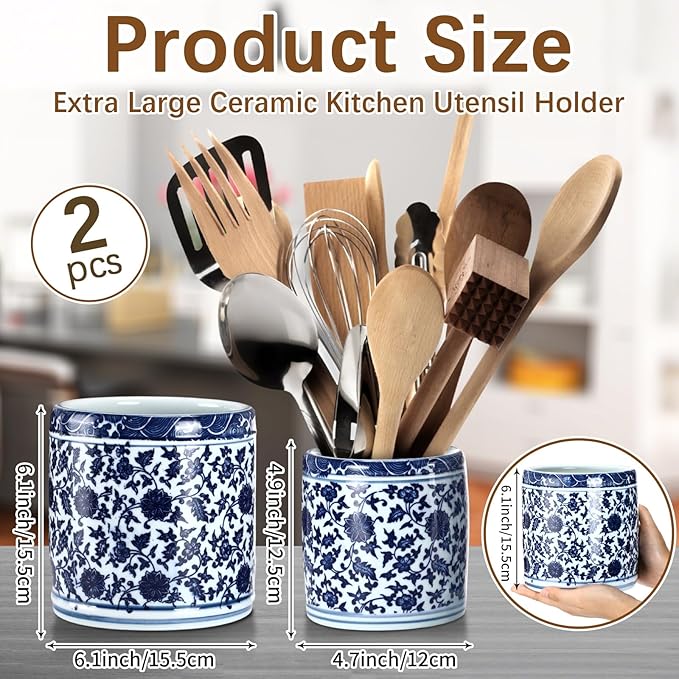 SiliFine 2 Pcs Blue and White Kitchen Utensil Holder 5"+6.1" Ceramic Kitchen Cooking Holder for Countertop Large Utensil Crock for Home Decor Parties Chinoiserie Blue