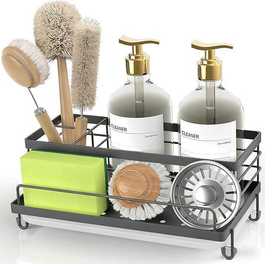 Cisily Sponge Holder for Kitchen, Sink Caddy Organizer, Kitchen Sink Accessories with Drip Tray, Rustproof and Non-slip Kitchen Sink Sponge Holder (Gray)