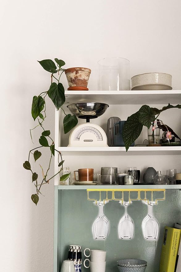 Wine Glass Rack, Under Cabinet Stemware Wine Glass Holder, Wine Glasses Storage Hanger Metal Organizer for Cabinet Kitchen Bar (Gold, 3 Rows 1 Pack)