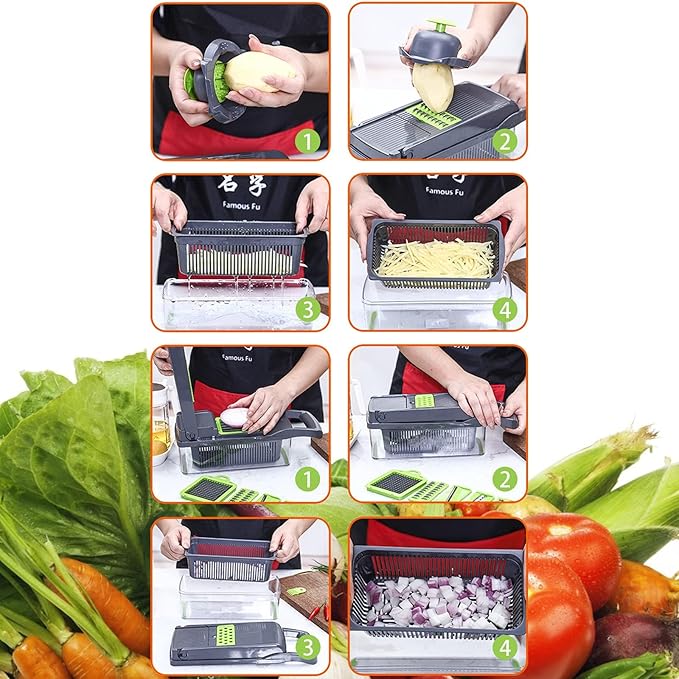 12 in 1 Pro Vegetable Chopper with Container, Multifunctional Veggie Chopper Dicer,Salad Chopper Box, Mandoline Slicer,Food Chopper with Sharp Blades, Easy to Clean