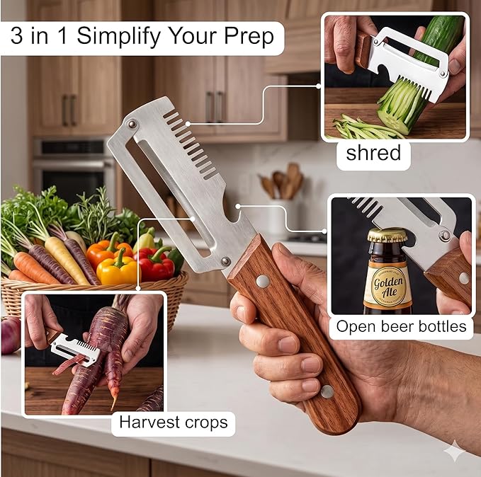 New Multifunctional Vegetable Peeler with Wooden Handle, 3-in-1 Stainless Steel Vegetable Peeler with Built-in Bottle Opener for Kitchen, Hand Held Peeler Slicer Kitchen Tool for Fruit and Vegetable