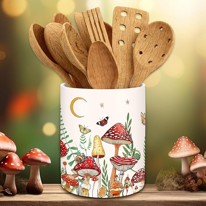 JarThenaAMCS Vintage Mushroom Ceramic Utensil Holder Watercolor Mushroom Moon Utensil Crock for Home Kitchen Countertop Storage Organizer Container