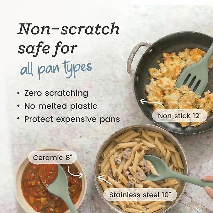 Starpack Stir and Serve Silicone Cooking Utensils Set (5-Piece, 11") - LFGB Non Toxic, 600°F Heat Resistant, BPA-Free - One-Piece Seamless, Dishwasher Safe - for Nonstick Cookware, Sage Green