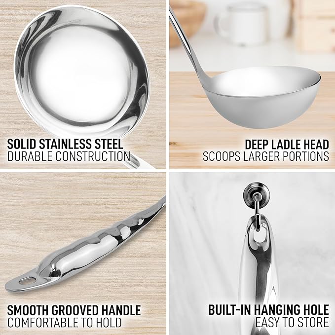 Zulay Kitchen Stainless Steel Soup Ladle - 13” Large Ladle for Soups, Stews & Sauces - Durable, Heat-Resistant, Rust-Proof & Dishwasher Safe Kitchen Utensil with Ergonomic Handle