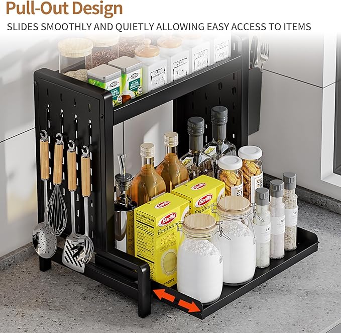 INGIORDAR 2 Tier Spice Rack Metal Standing Kitchen Seasoning Storage Shelf with Hanging Basket Pull Out Countertop Organizer for Counter, Cabinet, Pantry, Bathroom, Bedroom (Black)