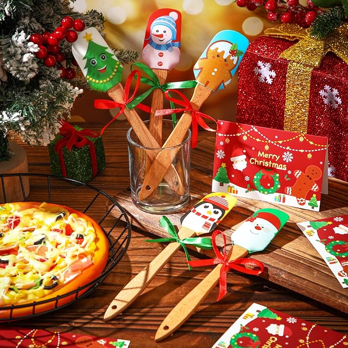 Newtay 5 Sets Christmas Silicone Spatula Cake Spatula Bulk Cooking Scraper with Wooden Handle Xmas Greeting Card Ribbon for Christmas Decoration Holiday Gifts Kitchen Party Favors (Cute Style)