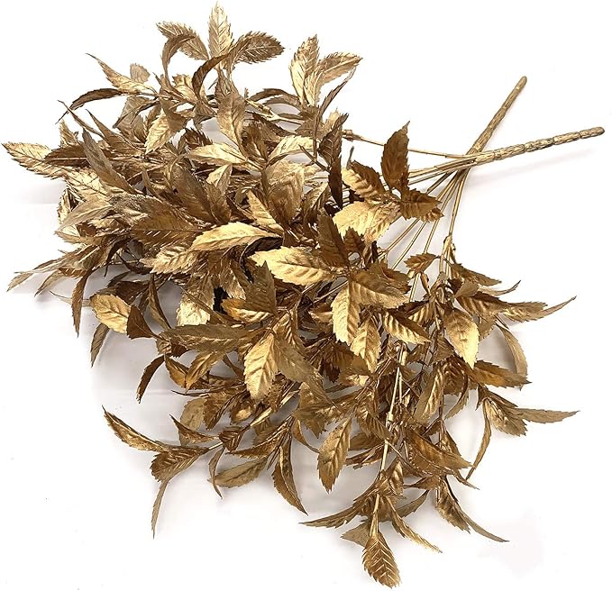 CATTREE Artificial Plants for Christmas, Plastic Grass Faux Shrubs Fake Leaves Simulation Bushes Home Indoor Outdoor Garden Wedding Festival Decoration Hall Office Table Planter Filler – Gold 2 Pack