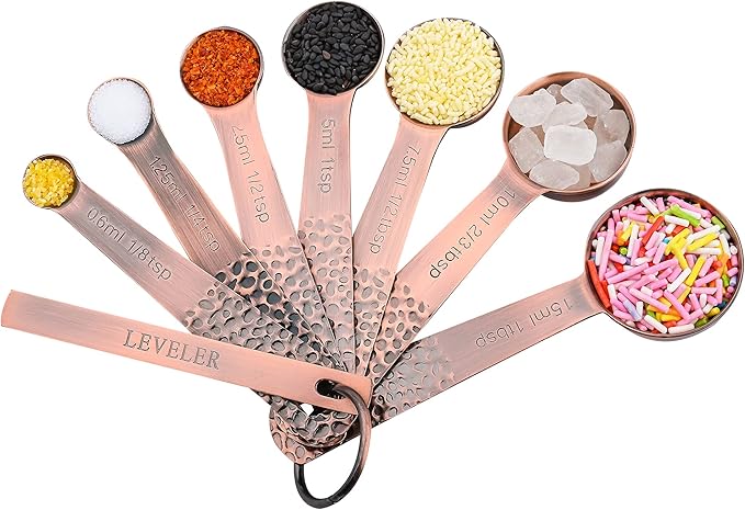 Measuring Spoons Set 7, Copper Plated Measuring Spoons Set for Baking & Kitchen, Metric &US Stainless Steel Measure Tools with Leveler for Dry & Liquid