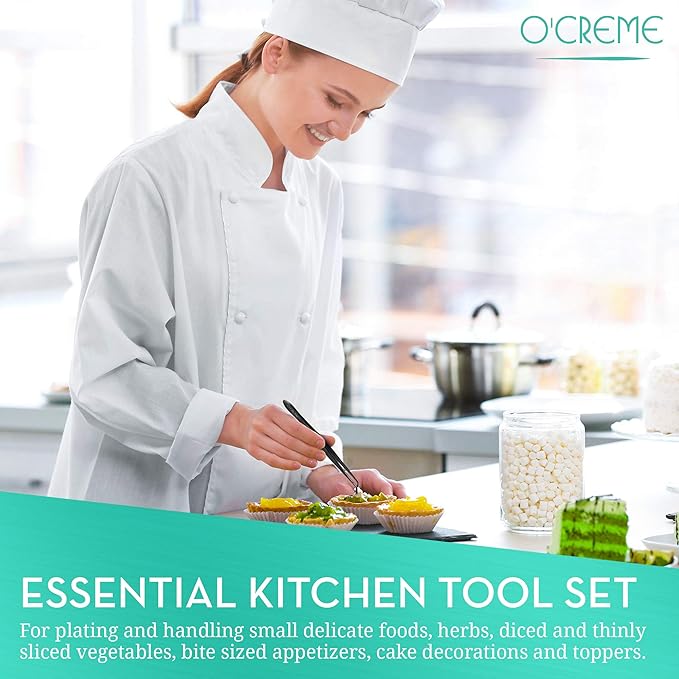 O'Creme Stainless Steel Precision Kitchen Tweezer Tongs 6.25" with Fine Tip (Black)