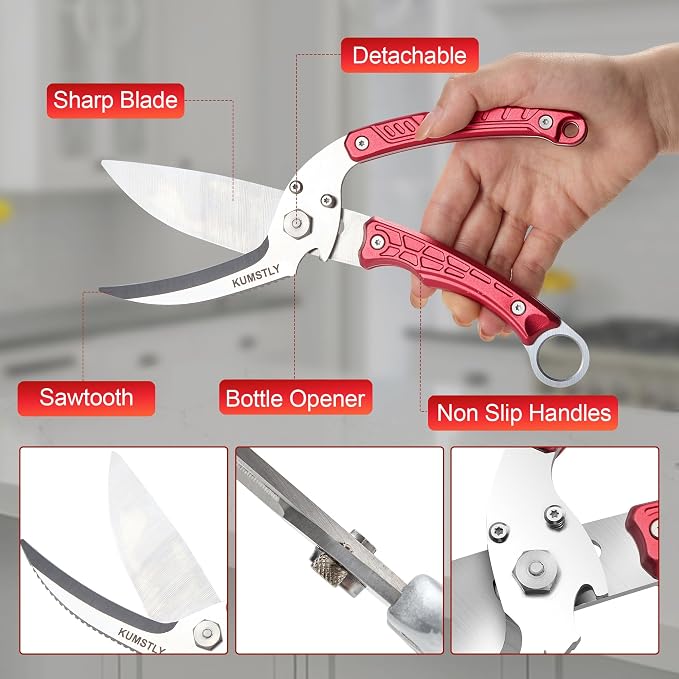 Kitchen Scissors All Purpose Kitchen Shears Heavy Duty for Cutting Chicken, Turkey, Meat, Bones, Vegetables Stainless Steel Spatchcock Shears Multipurpose Food Scissors (Red)