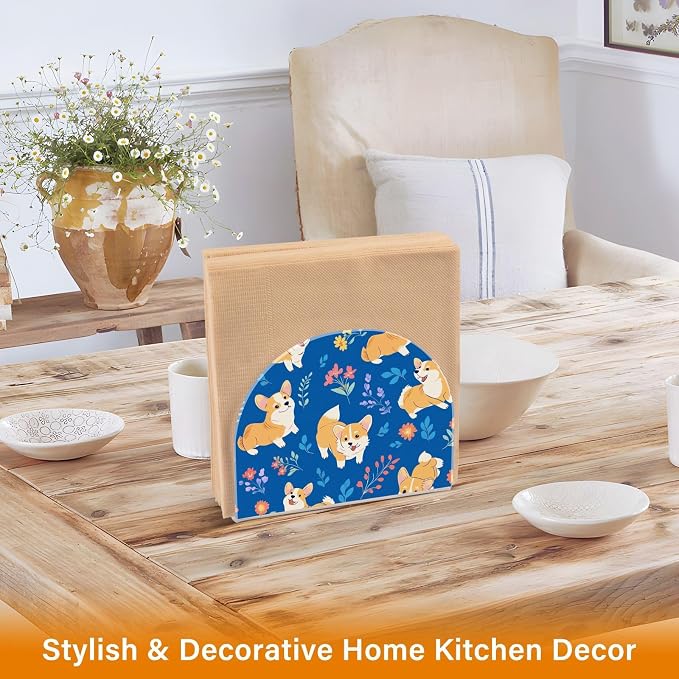 Cute Corgis Dog with Floral on Cobalt Blue Background Napkin Holder for Table Acrylic Cocktail Napkin Holders Small Decorative Napkin Dispenser for Home Party Holiday Dining Kitchen Accessor, 2 Pack