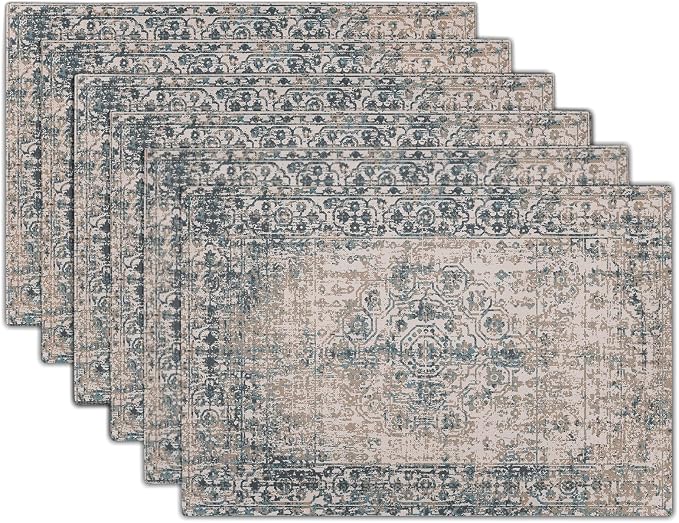 Grey Brown Ethnic Boho Placemats Set of 6 Bohemian Carpet Vintage Gray Linen Washable Kitchen Dining Table Mats Stain Heat-Resistant Desktop Decor Place Mats for Home Party Indoor 12x18 in
