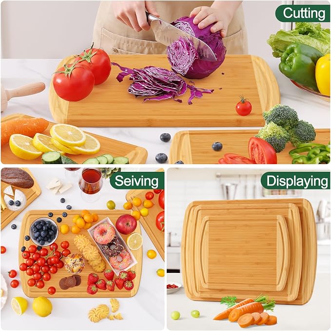 Homaxy Bamboo Cutting Boards for Kitchen Set of 3, Wood Cutting Board Set with Juice Groove, Wooden Butcher Block Chopping Board Set for Kitchen, Meat, Cheese, Fruit & Vegetables - Pre Oiled, Two-Tone