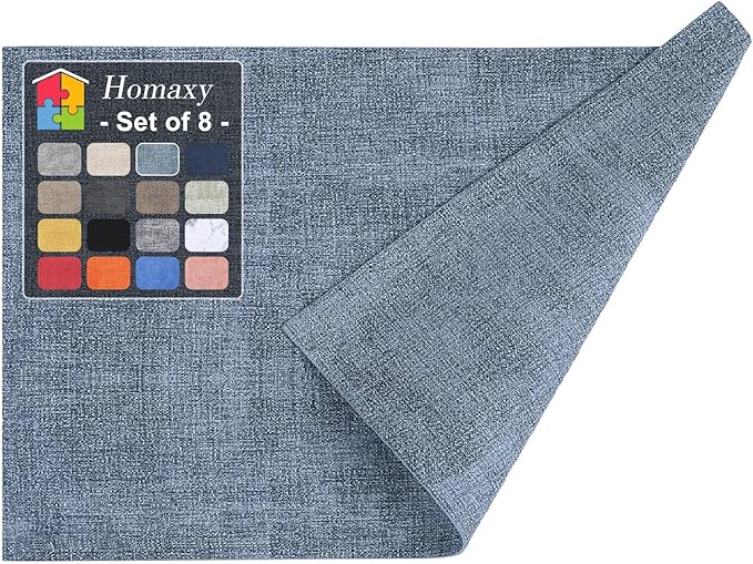 Homaxy Faux Leather Heat Resistant Placemats for Dining Table Set of 8, Waterproof Wipeable Washable PU Table Mats, Easy to Clean Anti-Slip Place Mats, 11.8" x 17", Blue