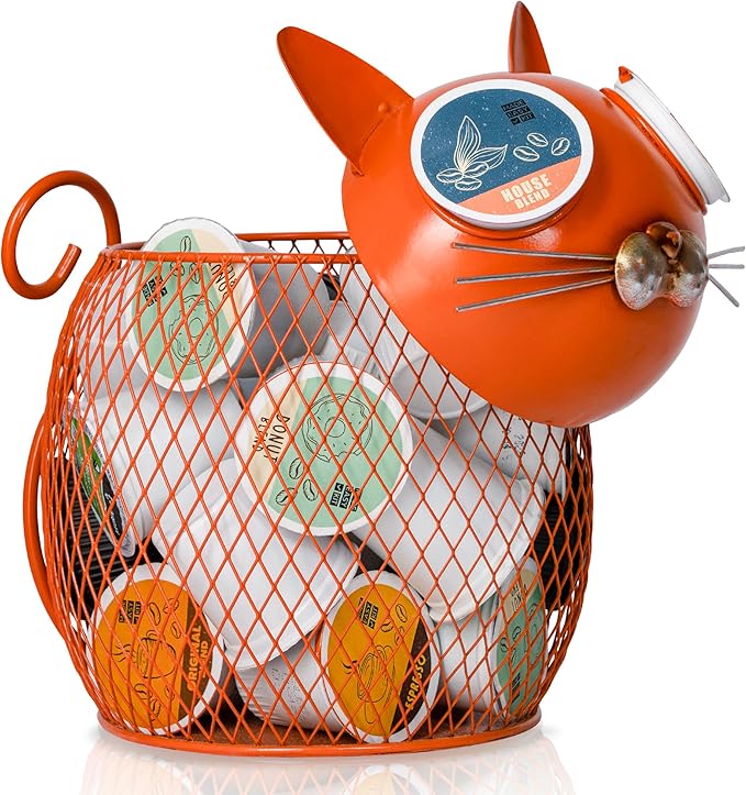 Made Easy Kit Cat Coffee Pod Holder Basket – Metal K-Cup Organizer for Countertop Coffee Bar – Cute Kitchen Décor Storage for Keurig Pods, Creamers & Capsules (25 Pod Capacity)