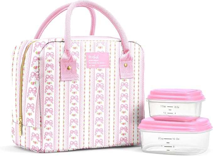 Fit & Fresh Bloomington Lunch Bag for Women - Insulated Large Lunch Box for Work with Containers, Leak-Resistant, Stain-Resistant, Zipper Closure, Pink Wallpaper Bows