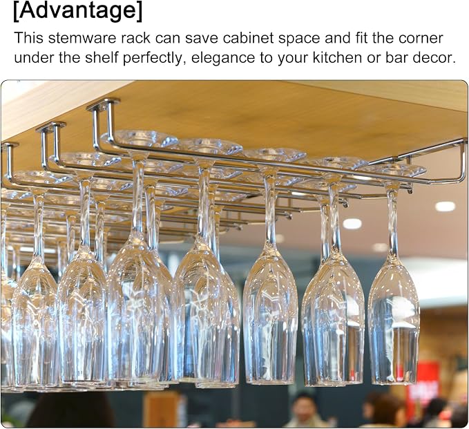 uxcell Wine Glass Rack Under Cabinet, 2Pcs 10-Inch Stemware Wine Glass Hanging Rack Stainless Steel Wine Glass Organizer Storage Hanger for 5mm Stemware Column, White