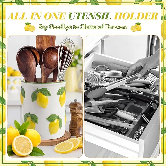 LemonRoad Lemon Utensil Holder for Kitchen Counter,Ceramic Cooking Utensil Crock Modern Farmhouse Countertop Organizer for Spatula Ladle Kitchen Counter Decor