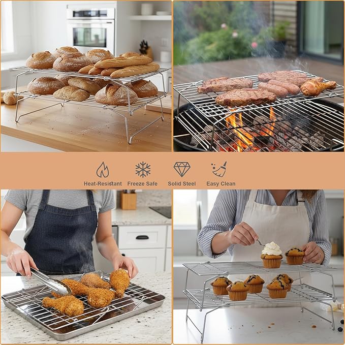 E-far 4-Tier Cooling Rack, 15”x10.1" Stainless Steel Stackable Wire Cooling Rack for Baking Cooking Cookies, Folding Leg & Non-toxic, Oven Safe & Dishwasher Safe