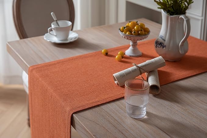 ZeeMart Burlap Style Farmhouse Table Runners 48 Inches Long, Burnt Orange Rustic Woven Dining Fall Table Runner for Everyday Use, 14x48 Inches, Harvest Pumpkin