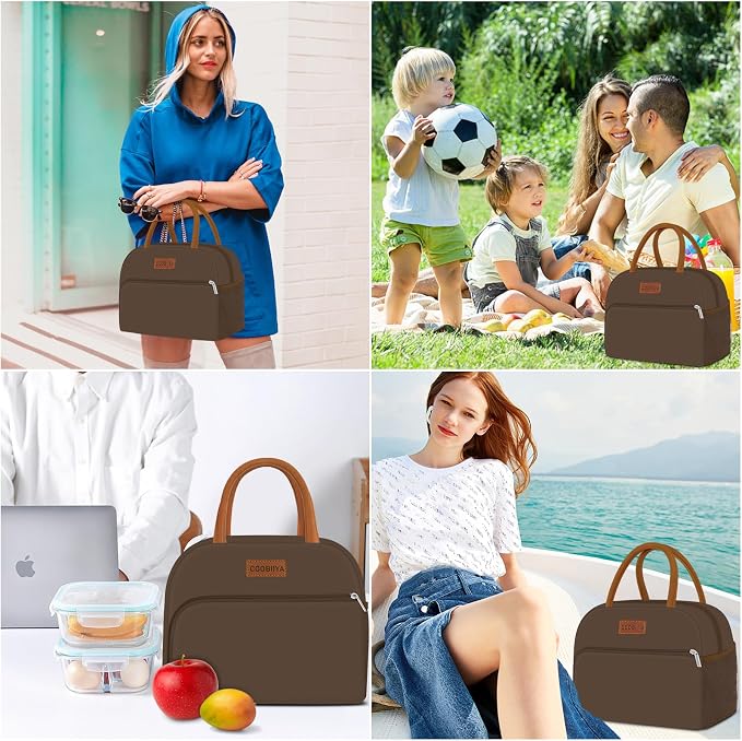Coobiiya Lunch Bag Women, Lunch Box for Women Adult Men, Small Leakproof Cute Lunch Tote Large Capacity Reusable Insulated Cooler Lunch Container for Work/Office/Picnic/Travel-Brown
