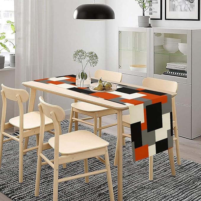 Modern Geometric Table Runner Abstract Orange Black Gray Minimalist Contemporary Geometry Plaid Checkered Dinner Runner for Kitchen Dining Holiday Party Decor 13x36in