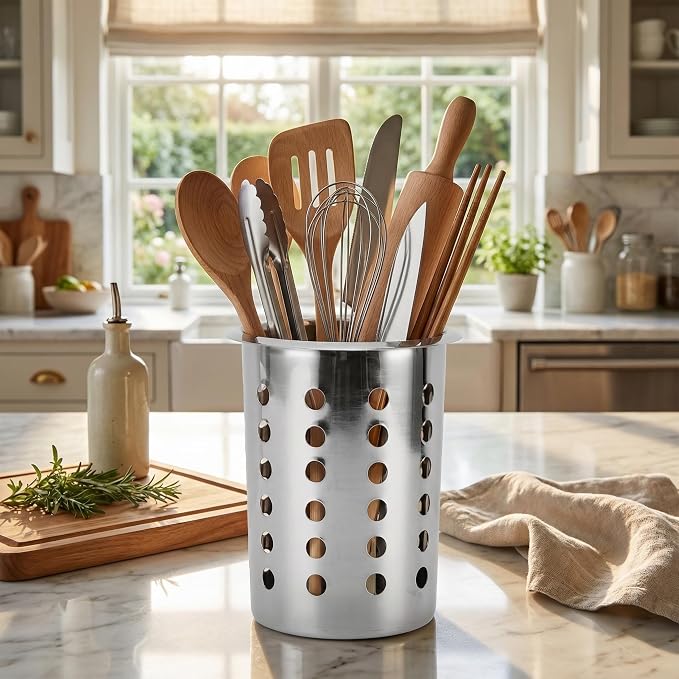 Luqeeg Stainless Steel Utensil Holder, Large Capacity Cutlery Storage, Flatware Cylinder with Simple Stylish Design for Countertop Kitchen Table Dining Table (With Holes)
