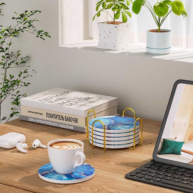 6Pcs/Set Marble Abstract Ceramic Coasters with Holder, Absorbent Drink Coasters, Coffee Cup Coaster,Round Ceramic Table Coasters Set Decorative