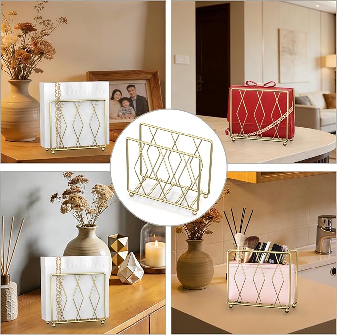 Napkin Holder for Table, Modern Metal Napkin Holders for Paper Napkins & Kitchen Dining & Countertops, Cocktail Upright Napkin Holder Dispenser Suitable for All Room Decors (Large, Gold)