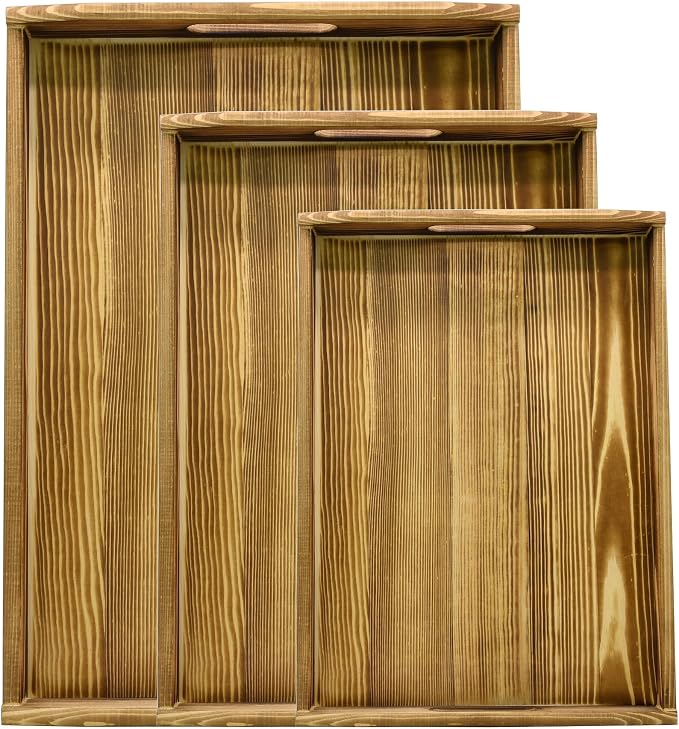 Owlgift Rustic Burnt Wood Serving Trays with Brass Metal Wrap Accents, Set of 3