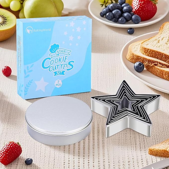 7-Piece Star Cookie Cutter Set with Metal Storage Tin | Stainless Steel Baking Tools for Cookies, Biscuits, Sandwiches | Kids Holiday Party Gift, Food Safe & Dishwasher Safe