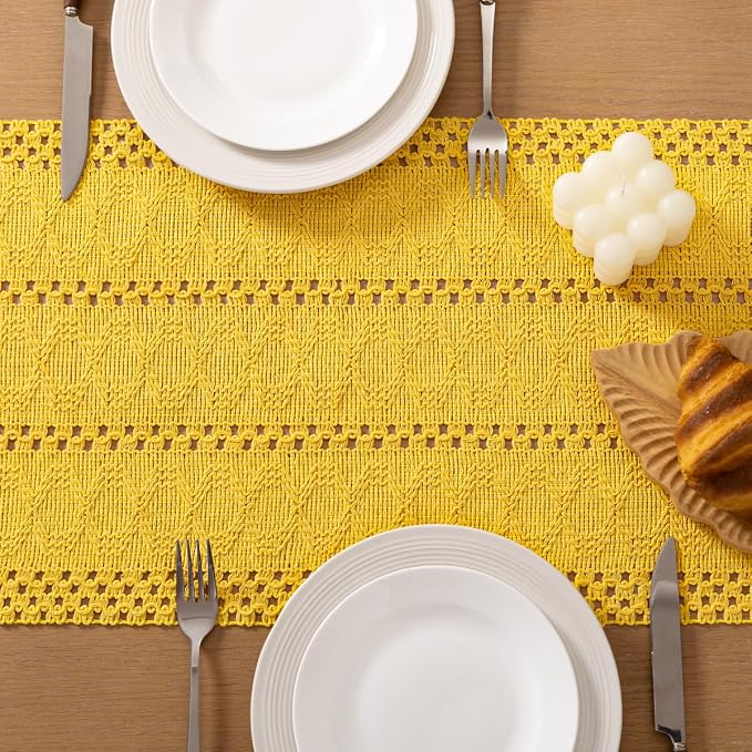 Socomi Boho Table Runner Summer Farmhouse Rustic Dining Kitchen Centerpiece Decor Small Macrame Woven Cotton Linen Coffee Table Runner for Dresser Scarf Home Decor 12x60 in Yellow Gold