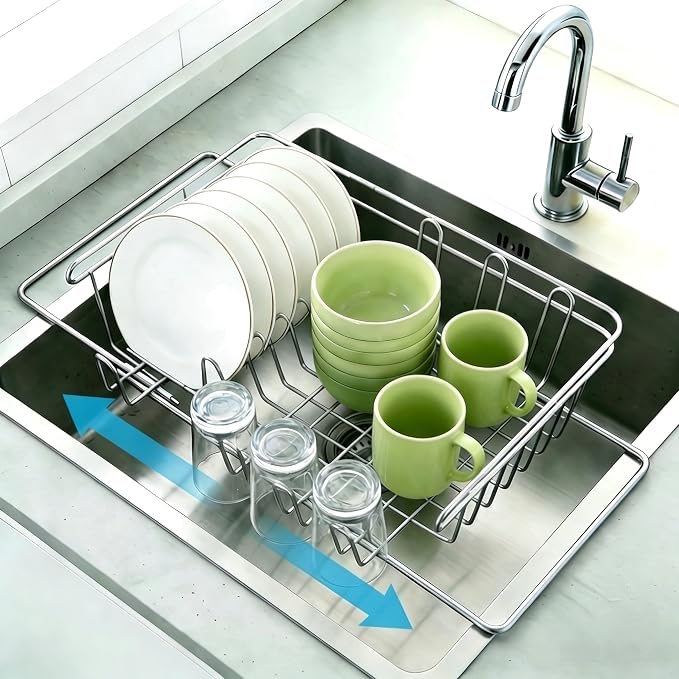 Dish Drying Rack in Sink & Over The Sink, Expandable Stainless Steel Dish Drainers for Kitchen Counter, Inside Sink Dish Dryer Rack, Rust-Resistant, Silver