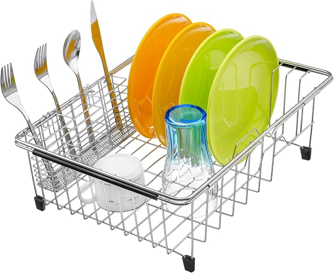 iPEGTOP Expandable Dish Drying Rack Over Sink, Rustproof Stainless Steel Basket Shelf, Multifunctional Dish Drainer Organizer with Utensil Cutlery Holder