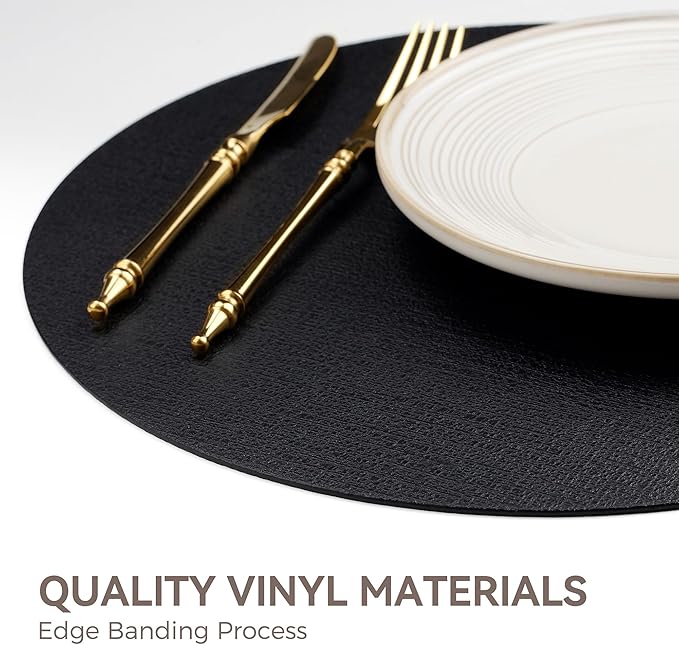 13" Round Placemats Set of 12, Reversible Faux Leather Heat Resistant Table Mats, 100% Waterproof Oilproof Wipeable Table Protective Placemats for Vinyl, Washable for Indoor (12, Black)