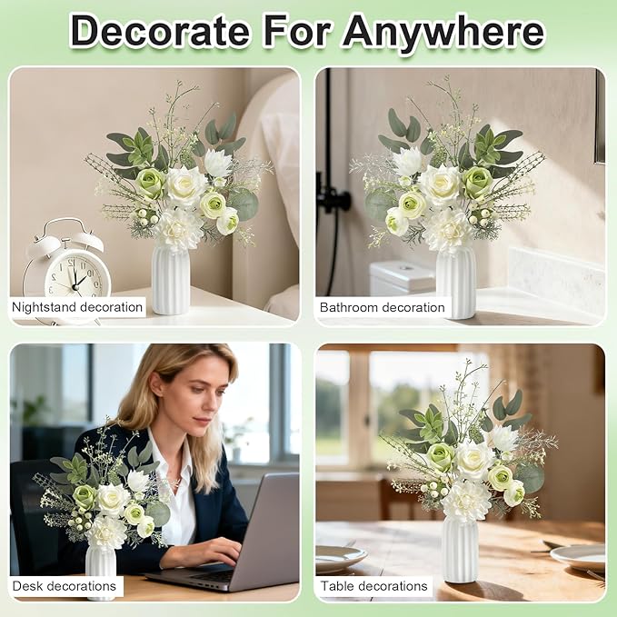 Small 11" Artificial Flowers in Ceramic Vase - White Green Silk Flower Centerpiece for Dining Table, Office, Wedding & Farmhouse, Home Decor Gifts