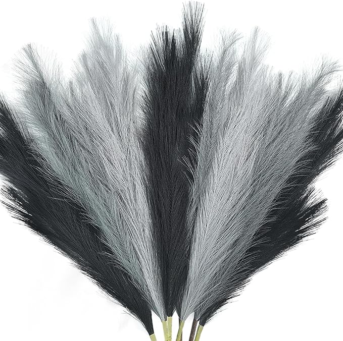 TORONTOKYO 8Pcs Black and Grey Faux Pampas Grass Tall Decor, 35.4” Fluffy Artificial Pompous Grass Branches, Large Pampas Grass Reed Stems for Floor Vase Filler, Wedding, Baby Shower, Home Boho Decor