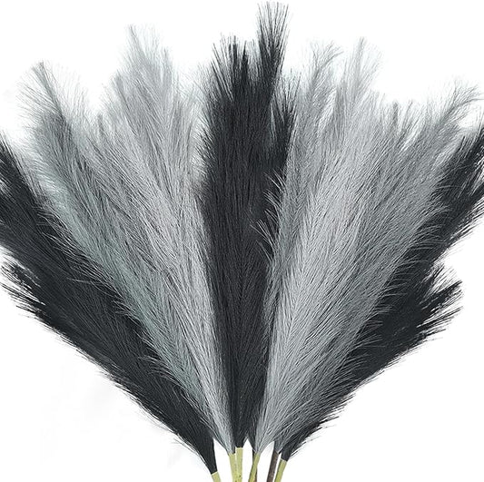 TORONTOKYO 8Pcs Black and Grey Faux Pampas Grass Tall Decor, 35.4” Fluffy Artificial Pompous Grass Branches, Large Pampas Grass Reed Stems for Floor Vase Filler, Wedding, Baby Shower, Home Boho Decor