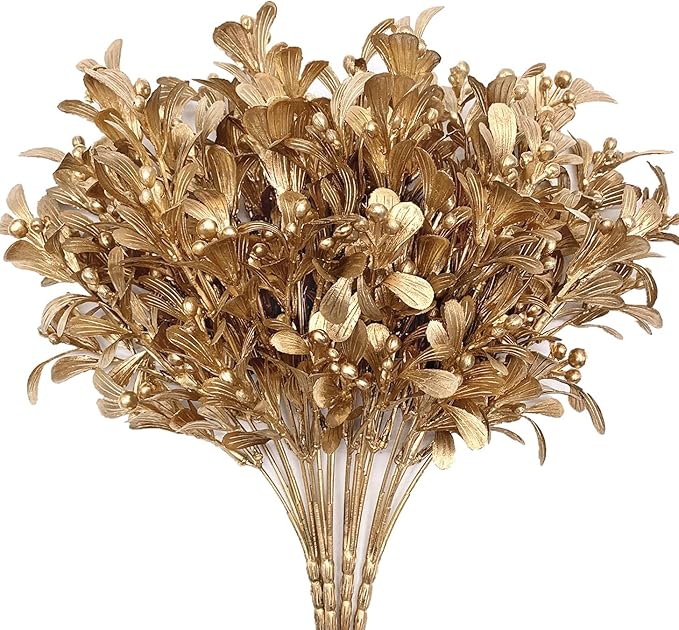 Artificial Flowers Christmas Decor, Golden Leaves Branches Plants Fake Berry Grass for Wedding Bridal Bouquet Party Indoor DIY Home Office Table Centerpieces Arrangements Decoration - Gold 4 Pack