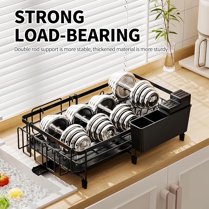 Extendable Dish Rack - a Rust-Resistant Dish Rack Suitable for Kitchen countertops, Featuring Adjustable Support Legs, a Cutlery Rack, and a Removable Drain Tray.