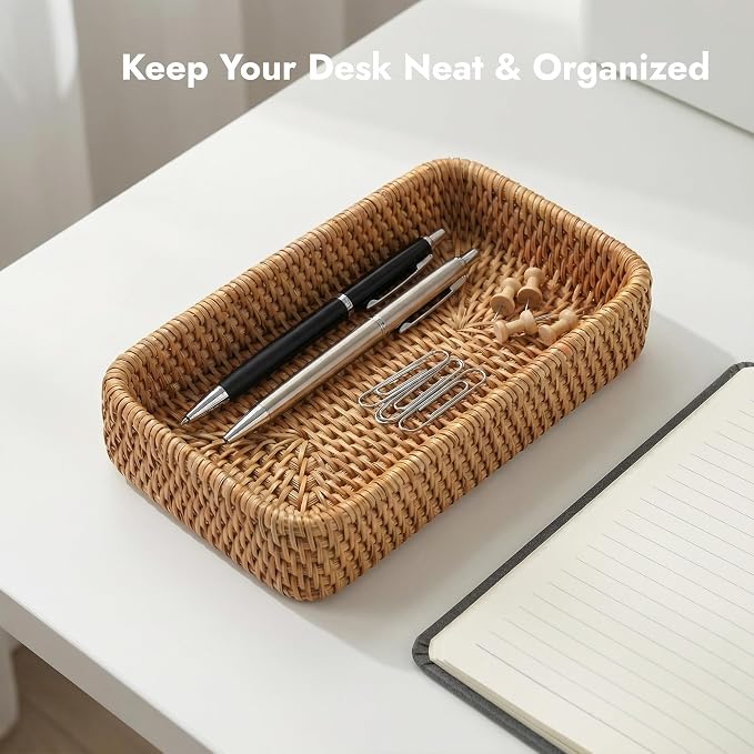 8.3" x 4.3" Small Natural Rattan Storage Tray, Decorative Handwoven Wicker Organizer Keys Tray Catchall, Shallow Rectangular Tray for Snack, Accessories Bathroom & Vanity, Entryway (XS)